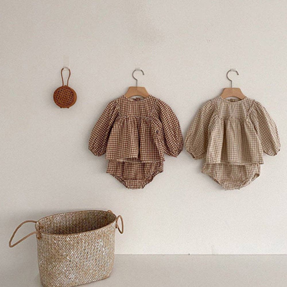 Plaid Blouse With Shorts - Set