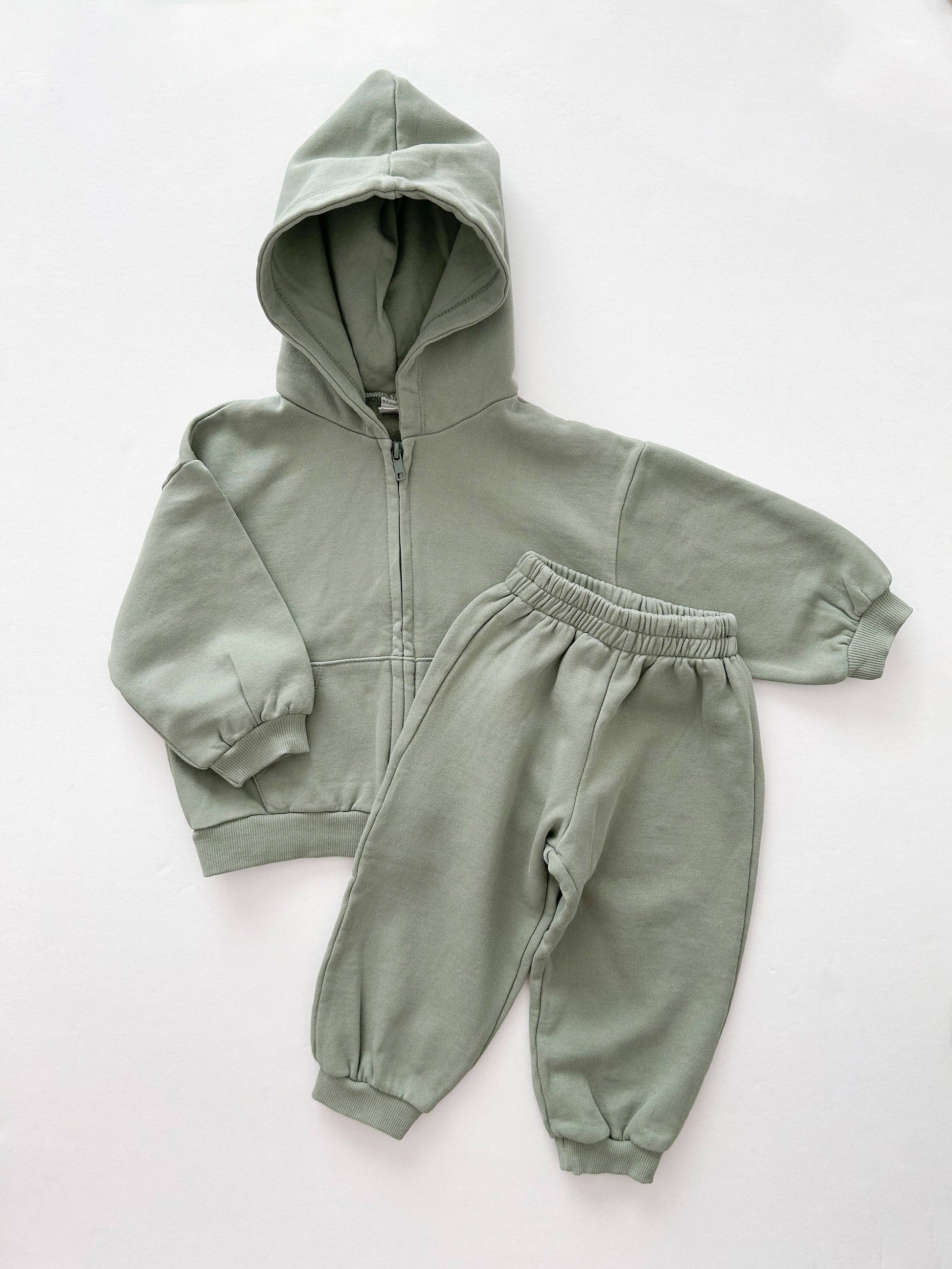 Zip-up Hoodie and Jogger Pants Set - Pink & Olive